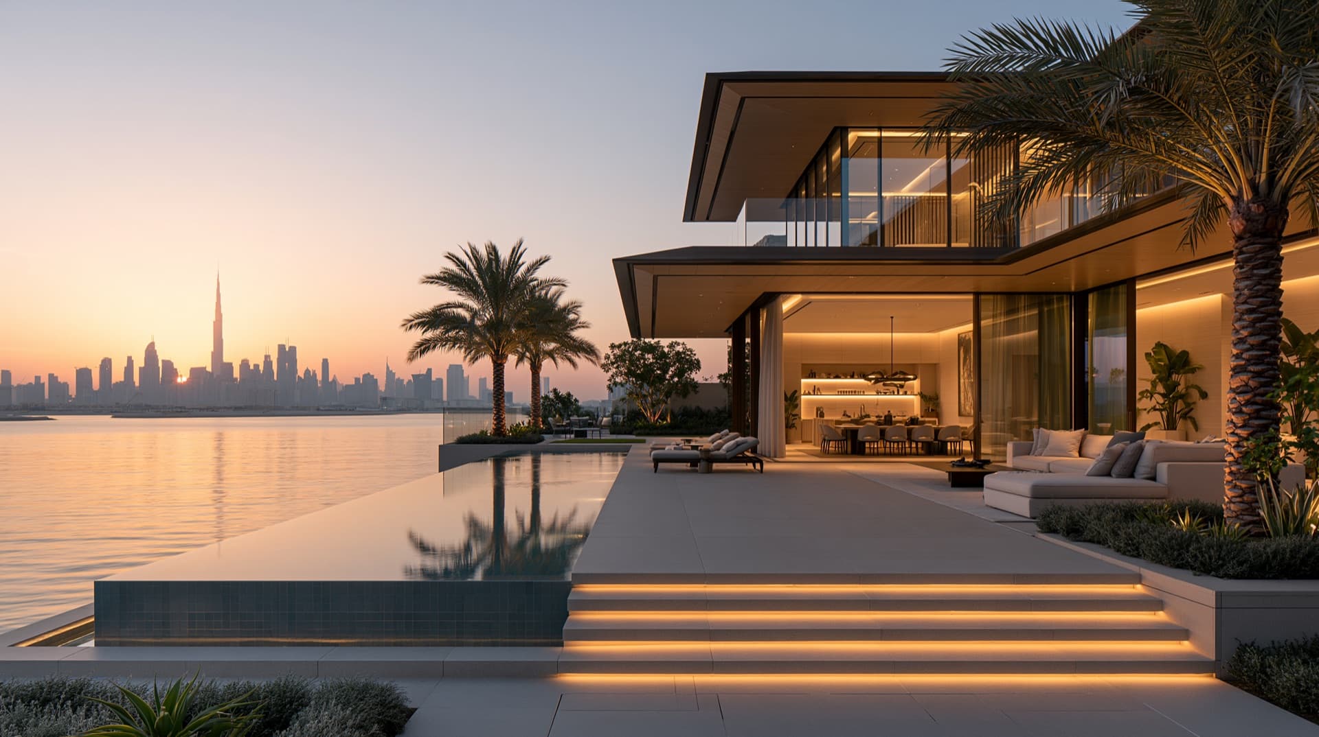 Pool terrace at dusk with the Dubai skyline beyond