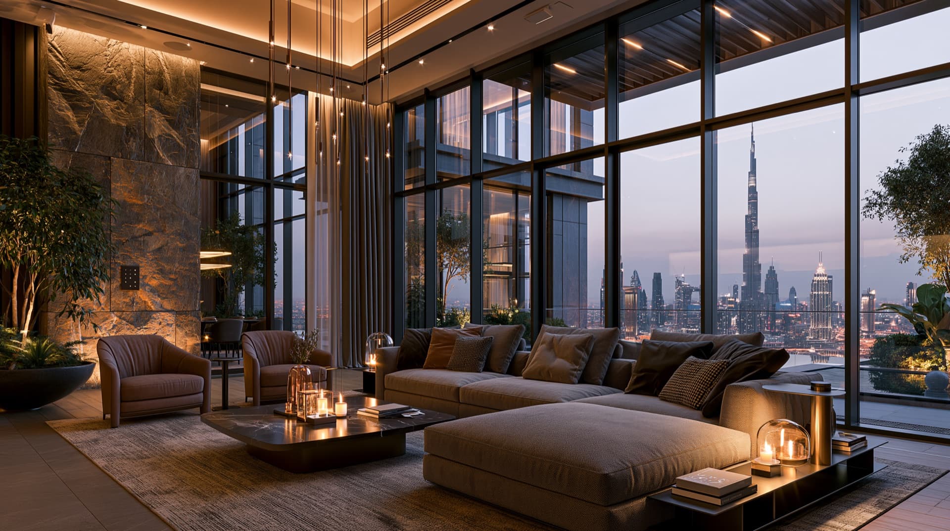 Living room with a city panorama at dusk
