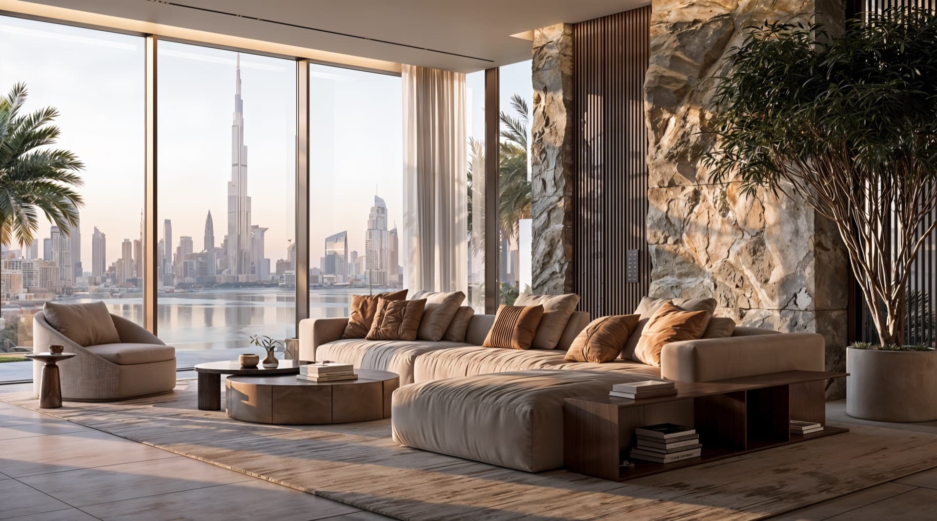 Living room with floor-to-ceiling glazing and a view of the Dubai skyline