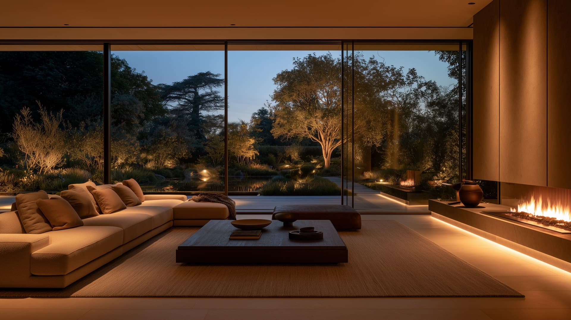 Living room at dusk: concealed cove lighting and an opening to the garden