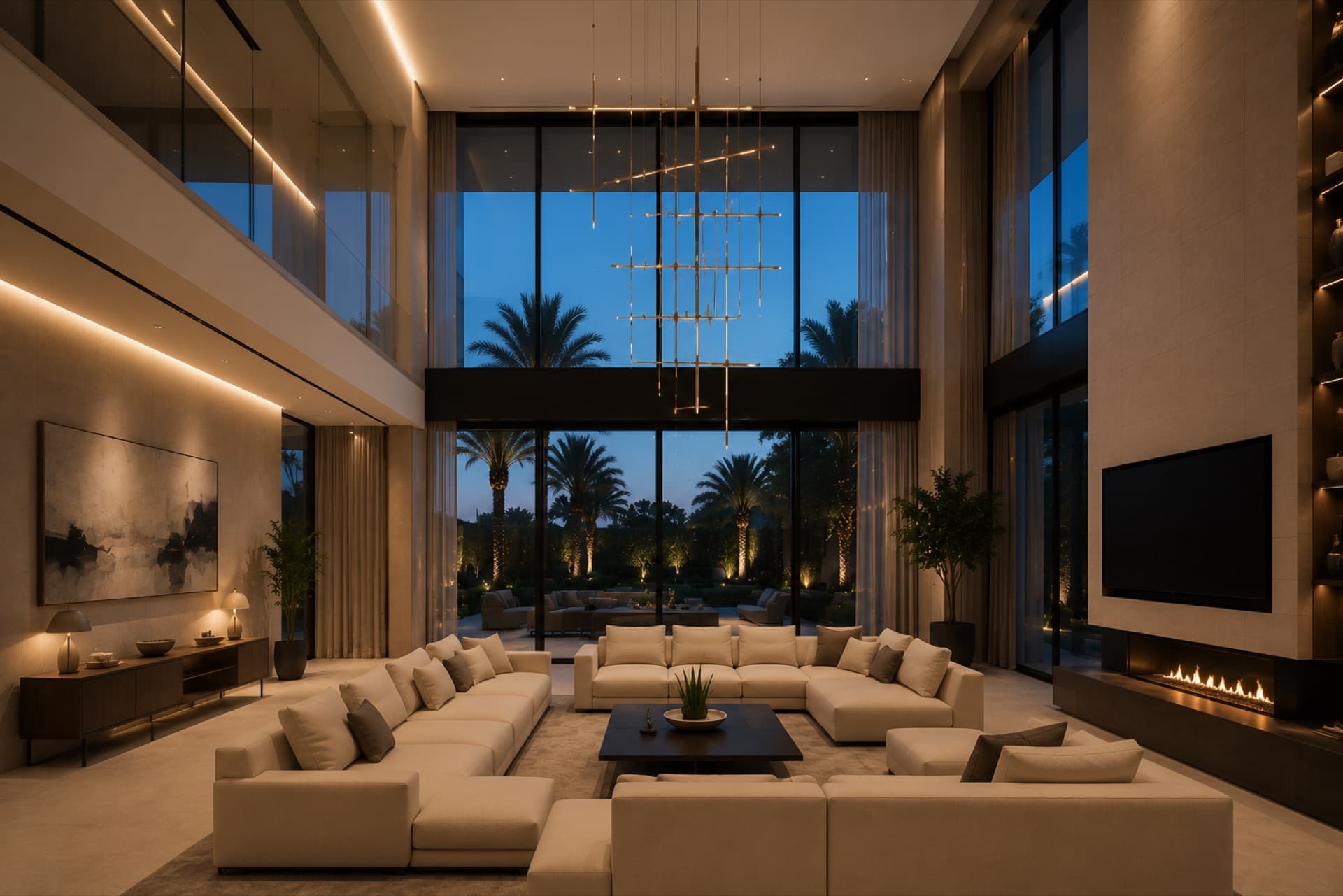 Living room opening onto a terrace, with concealed lighting