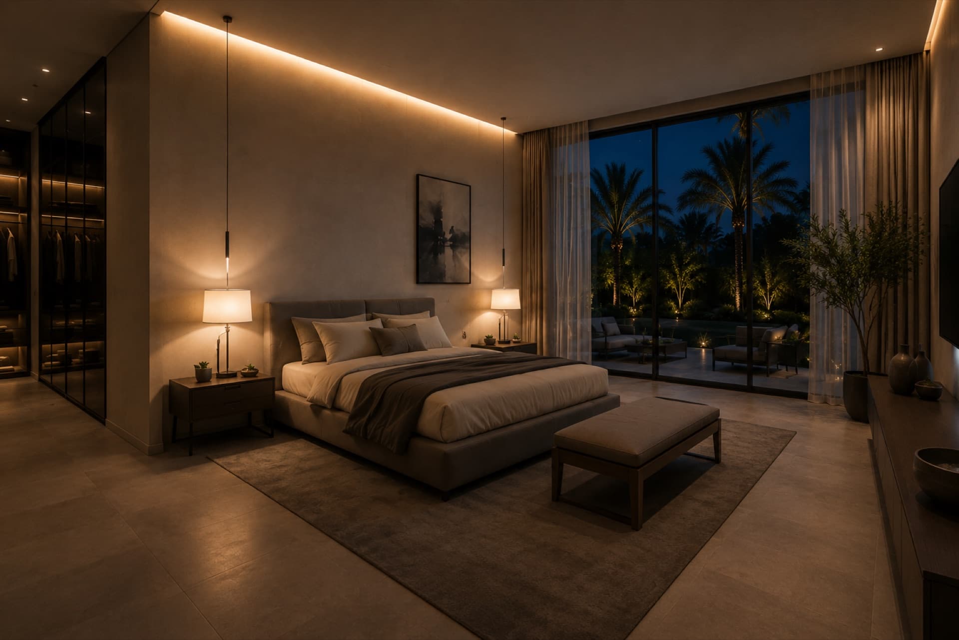 Bedroom with warm layered lighting