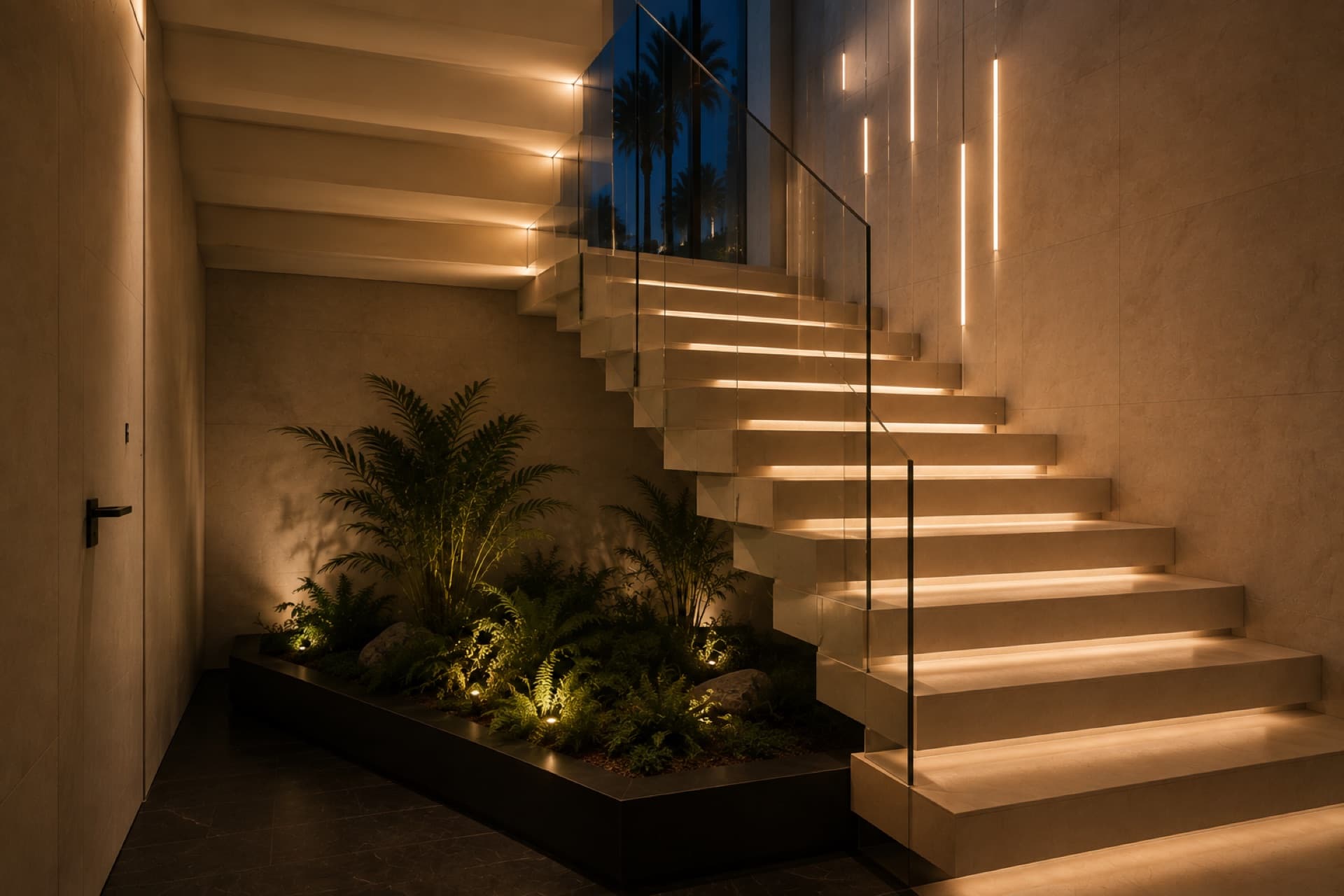 Staircase with lit treads and planting