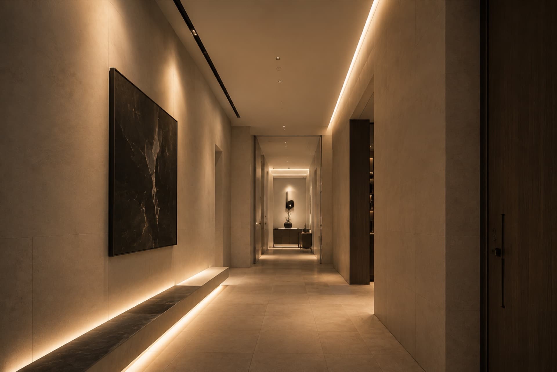 Corridor with linear lighting and an accented artwork