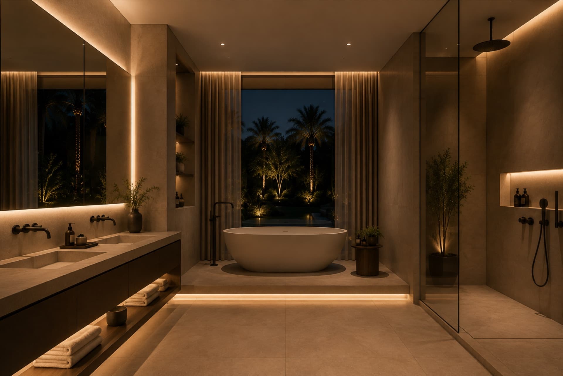 Bathroom with a freestanding tub and a garden view