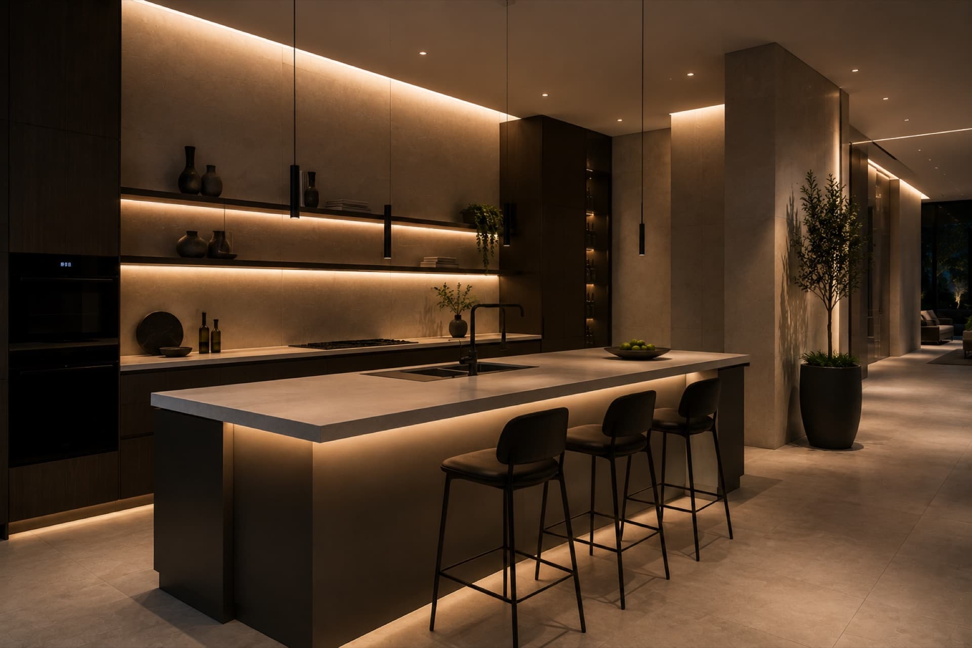 Kitchen island with task lighting over the worktop