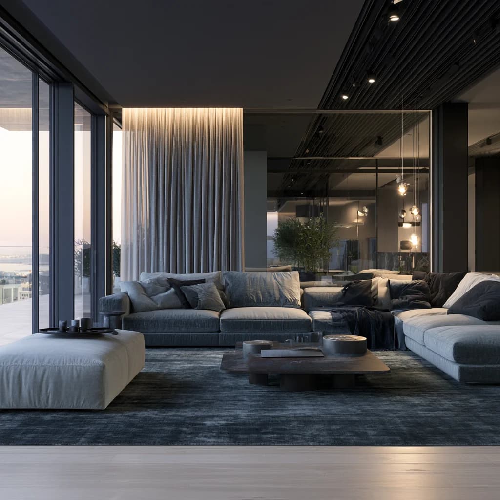 Finished apartment interior with discreet wired automation for lighting, climate, curtains and security