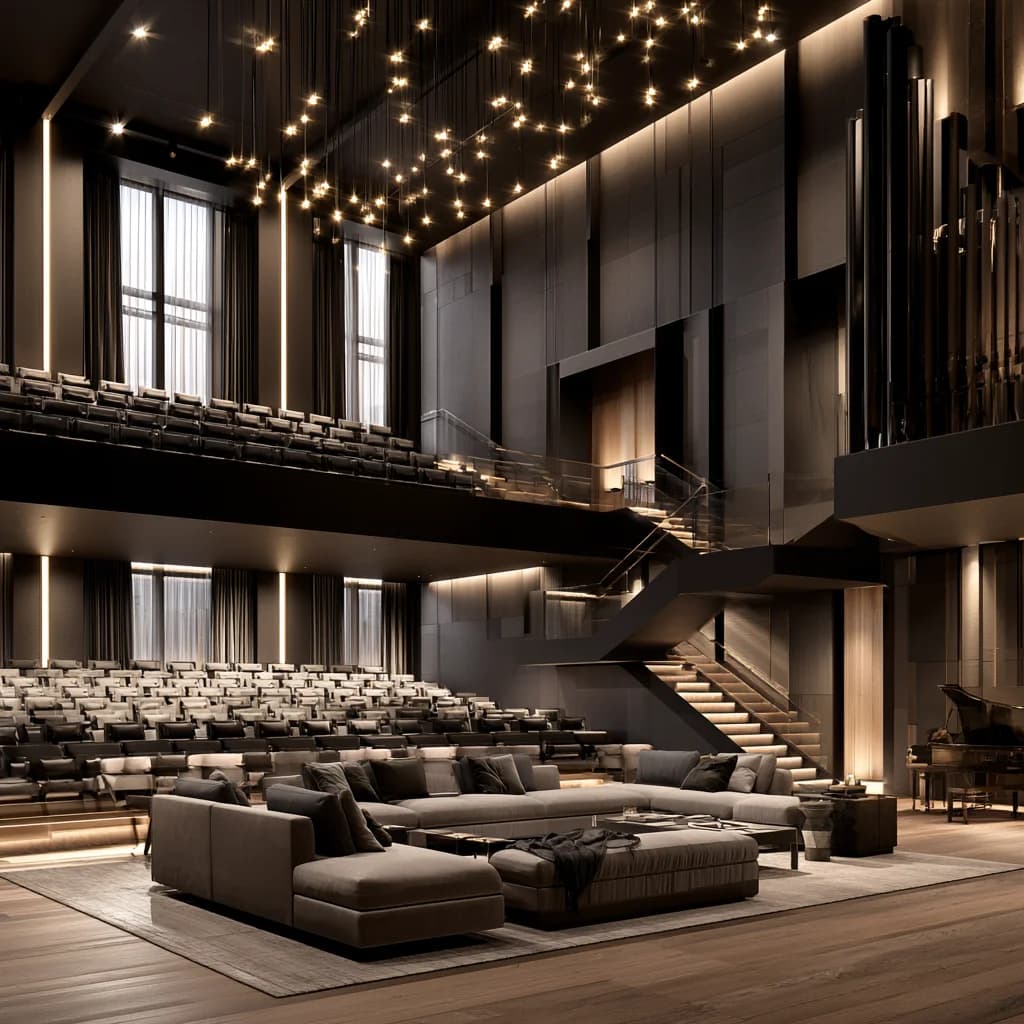 Concert hall performance space with theatrical lighting scenes, integrated audio-video and centralized venue control