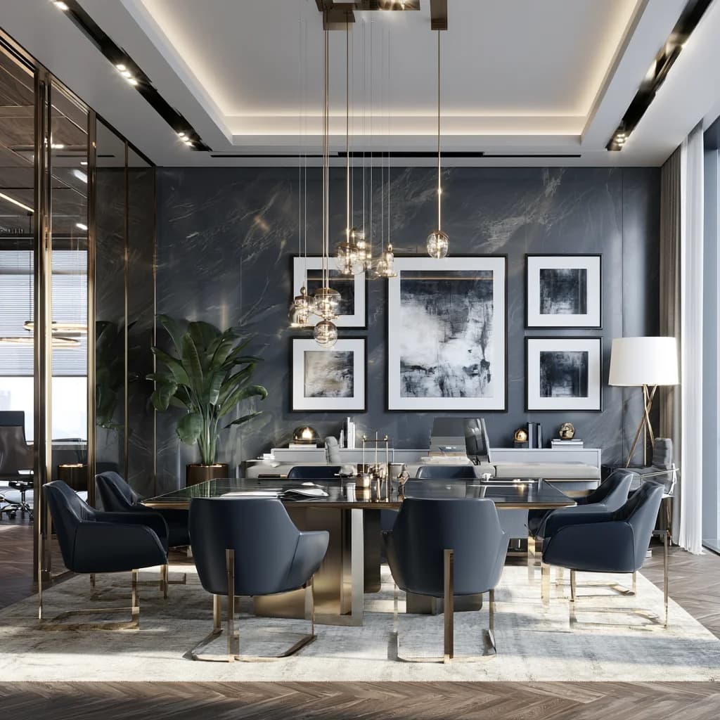 Executive office and boardroom with unified control of lighting, shading, climate, AV and access