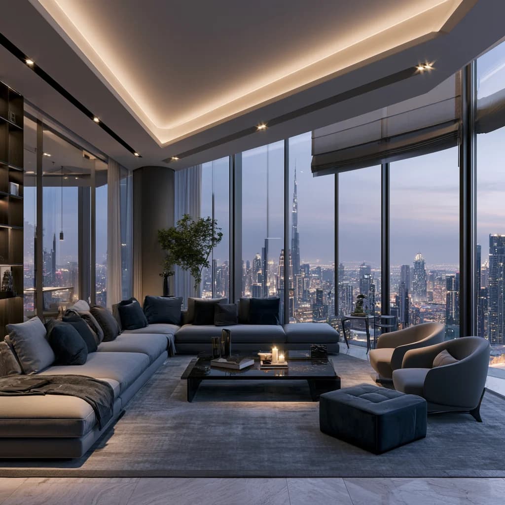 Apartment lounge with lighting scenes, motorised shading, climate and multi-room audio controlled from one keypad