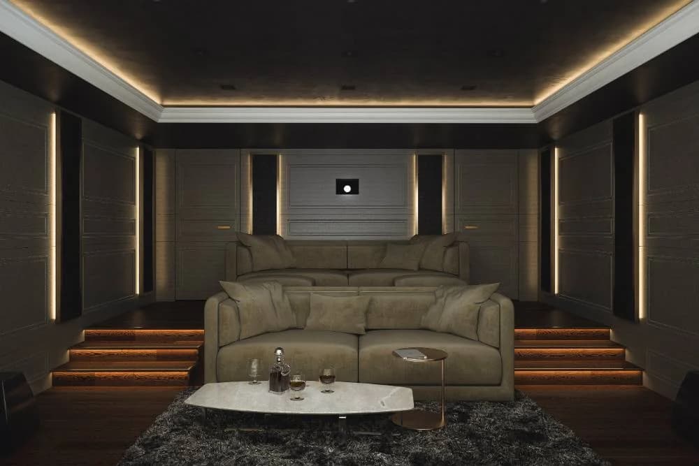 Turnkey private home cinema with acoustic treatment, reference projection screen and theatrical lighting scenes
