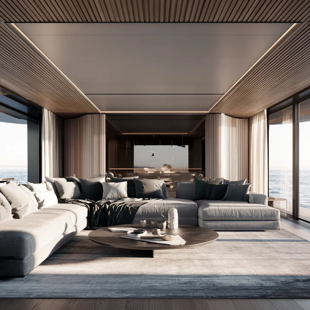 Private superyacht interior with marine-grade networking, automated lighting and integrated audio-video entertainment
