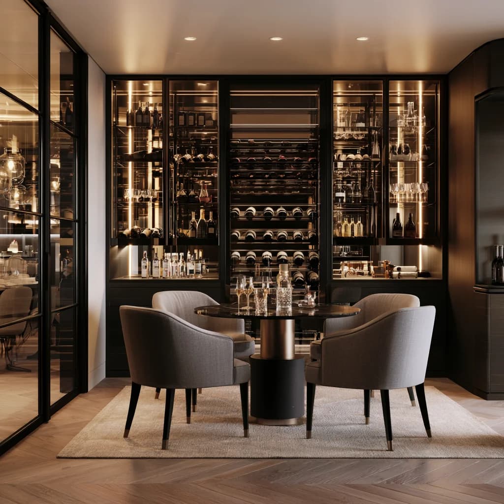 Climate-stable wine room with precise temperature and humidity control and museum-grade accent lighting